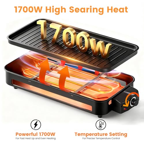 Black 1700W 2-in-1 Smokeless Indoor Grill & Griddle for Kitchen