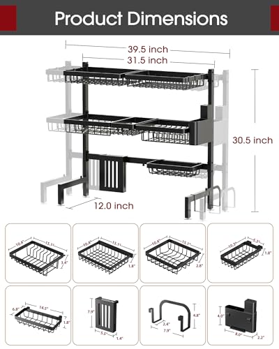Black Ultra 6-Basket Over Sink Dish Drying Rack - Adjustable Stainless Steel Kitchen Organizer