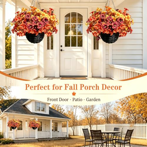 2 Pack Artificial Fall Hanging Flowers for Outdoor Decor - Petunias, UV Resistant