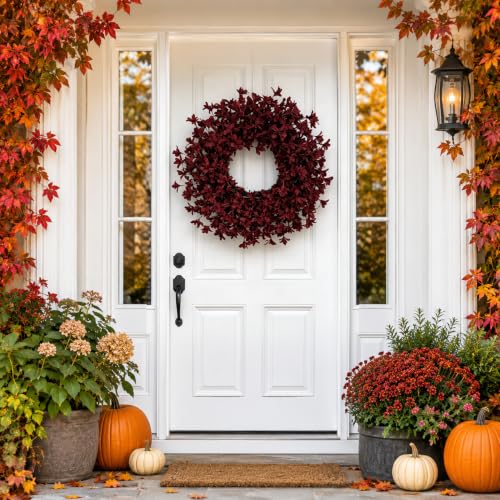 24 Inch Burgundy Fall Wreath with Artificial Forsythia for Front Door