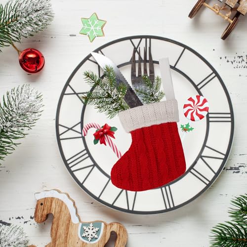 KIMOBER 12 Pcs Mini Knit Christmas Stockings,4 Inch Small Red Knitted