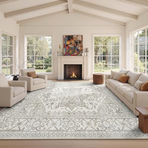 Befbee 9x12 Beige Floral Washable Area Rug - Large Soft Non-Slip Living Room Carpet