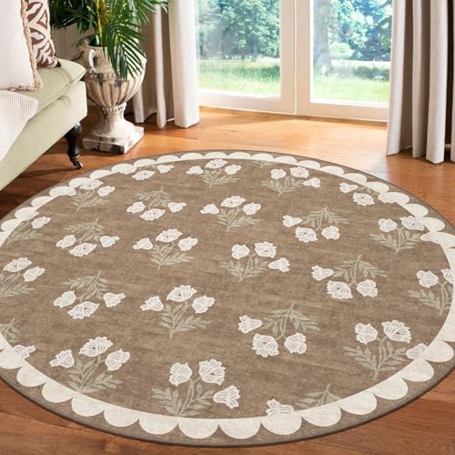 Round Area Rug 6ft - Soft Washable Vintage Floral Carpet for Living Room - Tan