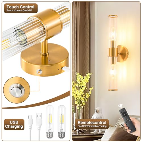 Gold Battery Operated Wall Sconces Set of Two Dimmable Rechargeable Lighting with Remote
