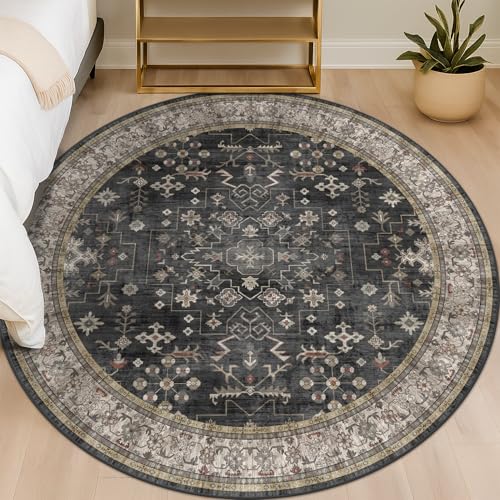 Ashen Black Boho Round Rug 6ft - Washable Vintage Circular Carpet for Living Room