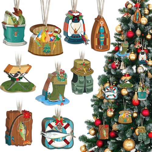 36 Pcs Fishing Christmas Ornaments—Wooden Fisherman Holiday Décor Set
