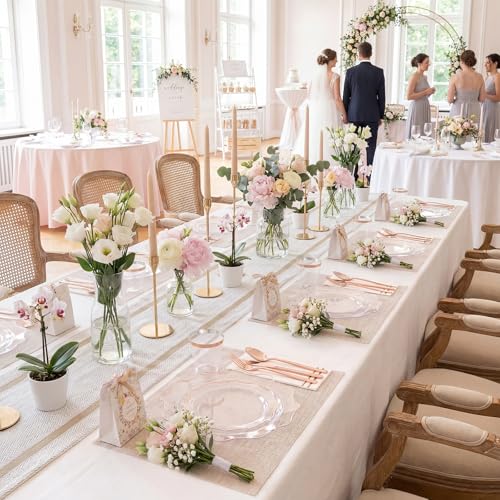 350Pcs Rose Gold Disposable Plates Set for Parties - Clear Plastic Dinnerware, 50 Guests