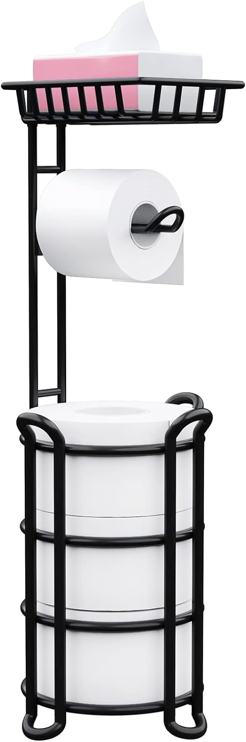 Skiennix Toilet Paper Holder Stand - Free Standing Tissue Roll Storage Rack with Shelf | Black