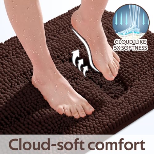 ACCUMTEK Brown Striped Bathroom Rug Set 3 Pieces - Ultra Soft Non-Slip Chenille Mats, U-Shape Contour & Small Bath Rugs, 2'8"x1'8"+2'x1'5"