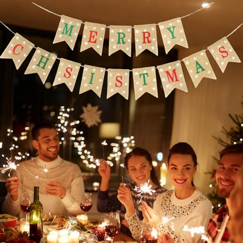 JijAcraft Pre-assembled Burlap Christmas Banner - Merry Christmas (Red & Green) Indoor Outdoor