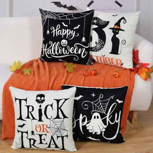 Ghost Halloween Decorations-Throw Pillow Covers 18x18in Set of 4,Spooky Gothic Black Cat Pillow Case for Couch Christmas Holiday Party Outdoor Black White Decor