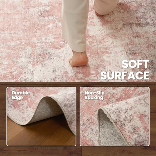 Pink Gray Washable Area Rug 6x9 ft - Vintage Print, Non-Slip, Pet-Friendly