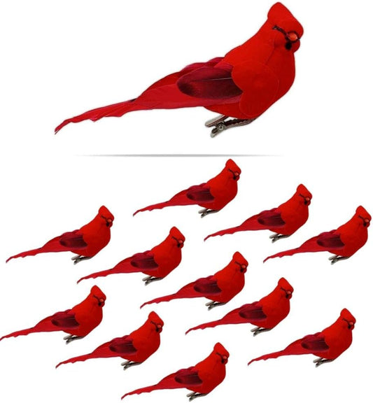 Red Cardinal Clip-On Christmas Tree Ornaments - Set of 12, 5" Long with Flocked Body & Feathered Wings