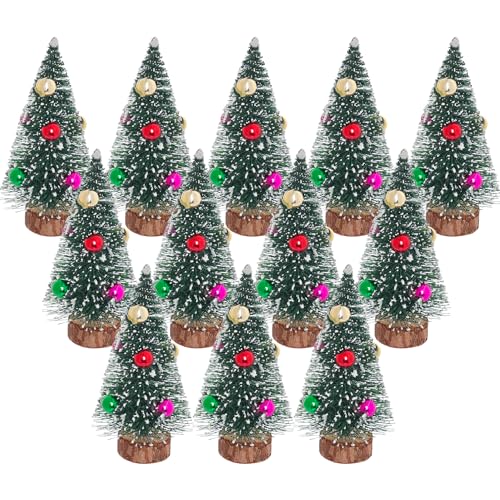 Yookat 3.9 Inch Mini Green Christmas Trees with Wooden Bases, 12 Pack