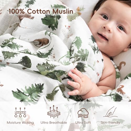 Baby Muslin Swaddle Blanket 4 Pack - Woodland Animals Green, 47x47 Inches, Soft Breathable Cotton for Newborns