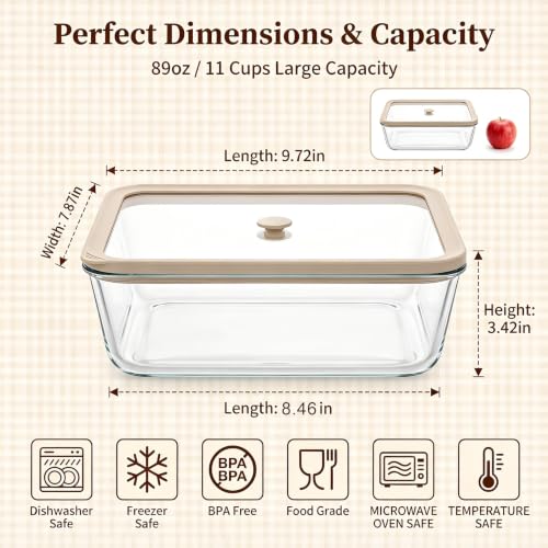 Large Glass Food Storage Containers Set - 11 Cups 89 oz Leakproof BPA-Free