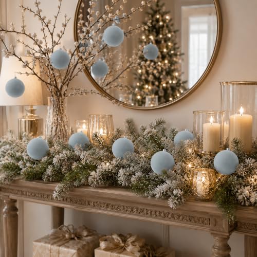 Senjie Dust Blue Velvet Christmas Ornaments Set 3.15 Inch - 18 pcs Holiday Decor