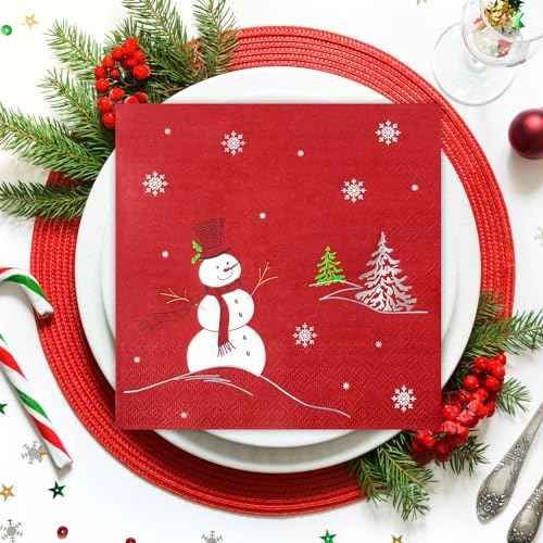 Quera 50 Pack Christmas Paper Napkins Snowman Red Silver Foil Disposable Beverage Napkins Decorative Table Napkin for New Year Winter Dinner Merry Christmas Holiday Xmas Party Supplies, 6.5 "x 6.5"