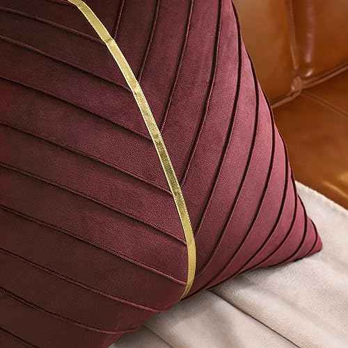 Tosleo Burgundy Velvet Throw Pillow Covers 24x24 inch Pack of 2 with Gold Leather Decorative Couch Pillow Cover Luxury Modern Pillowcases for Living Room Bedroom Sofa Cushion Bed