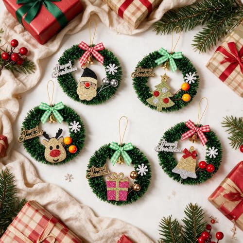 3.2in Mini Christmas Wreath Ornaments for Dollhouse – Small Xmas Wreaths with Bow, 5Pcs