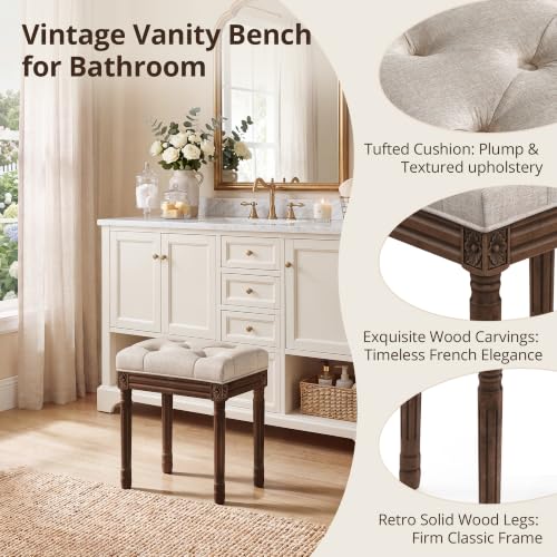 French Vintage Vanity Bench with Carved Dark Brown Wood Legs and Linen Cushion - Linen & Dark Brown Variation
