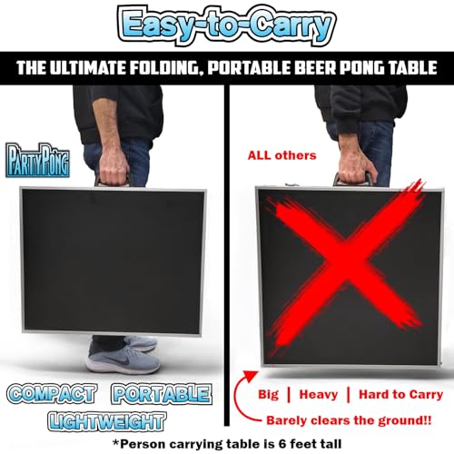 PARTYPONG 8-Foot Folding Table with Cup Holes & LED Lights - Black, Base Model