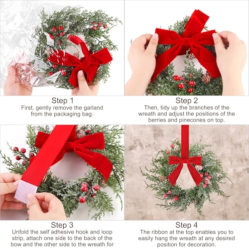 Aneco 6 Pcs Small Christmas Norfolk Wreaths with Red Velvet Bows - Holiday Door & Window Decor