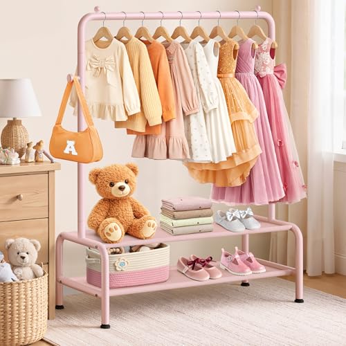 Kids Clothing Rack with Shelves - Pink Dress Up Storage for Little Girls