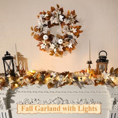 6FT Lighted Fall Garland with Pumpkins and Autumn Leaves - Orange Variation