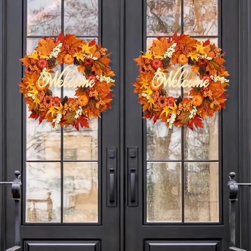 22 Inch Fall Wreath with Lights - Autumn Front Door Decor, 1 Pack