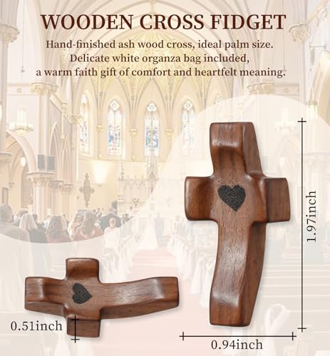 50Pcs Wooden Cross Bulk Set with Organza Gift Bags - Handcrafted Walnut Christian Faith Gifts for Church & Easter - Brown / 50