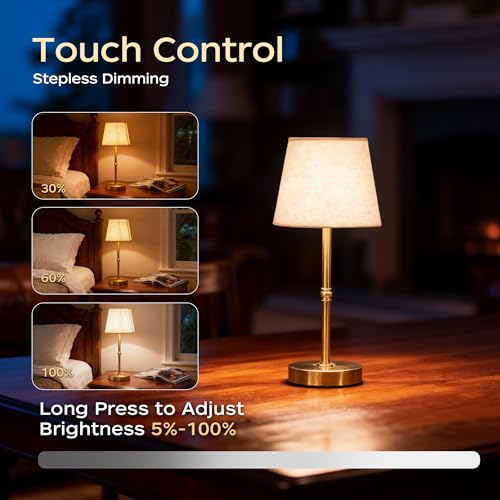 Gold Rechargeable Cordless Table Lamp - Touch Dimming, 6000mAh, 2 Pcs