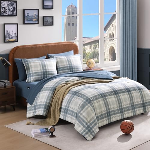 Blue Grey Full Size Plaid Comforter Set 7 Pieces Farmhouse Bed in a Bag