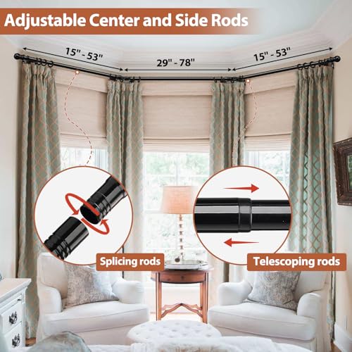 U Shaped Black Bay Window Curtain Rods - 1 Inch Heavy Duty Adjustable Curved Set