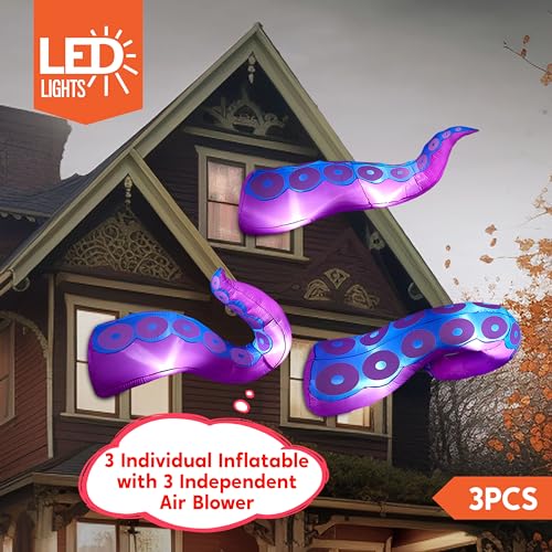 Purple Halloween Inflatable Octopus Tentacle Decoration with LED Lights - 3 Pcs Outdoor Yard Decor
