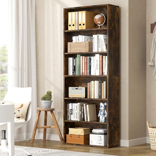 Brown 6-Tier Modern Bookcase - Floor Standing Open Shelves for Home & Office
