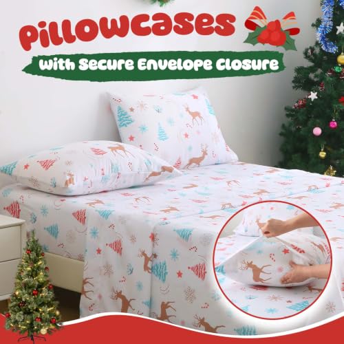 Kids Full Size Christmas Sheet Set White with Reindeer & Trees, Holiday Bedding
