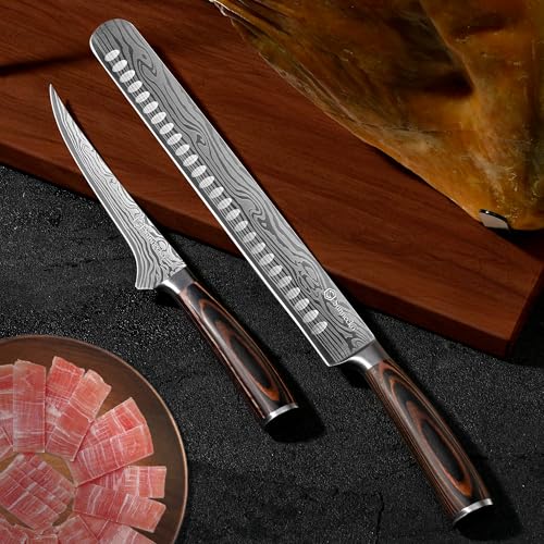 Sunnecko BBQ Carving Knife Set - 12 Inch Slicing & 7 Inch Boning Knife with Pakkawood Handles - Variation: 12 Inch Carving Knife with 7 Inch Boning Knife