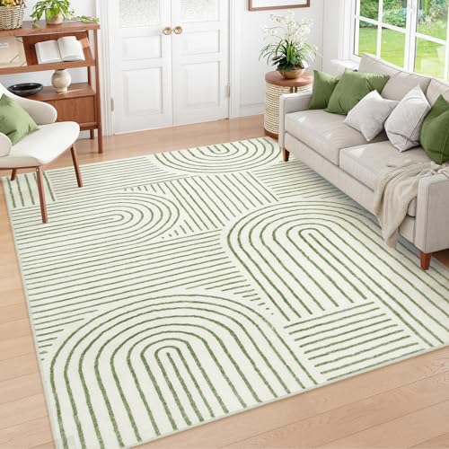 Lahome Green & White 5x7 Abstract Washable Area Rug for Bedroom & Living Room