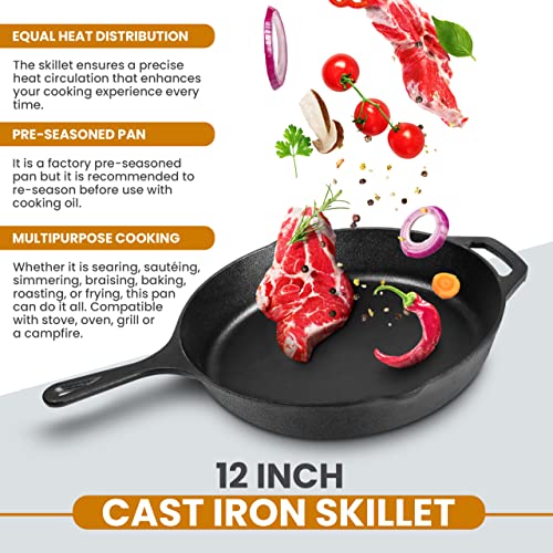12 Inch Cast Iron Skillet with Lid - Pre-Seasoned Non-Stick Frying Pan - Black
