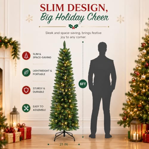 6ft Pre-Lit Slim Artificial Christmas Tree with Warm White LED Lights - Green, Foldable Stand