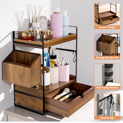 Acacia Wood Bathroom Counter Organizer with Drawer - Dark Brown, 2-Tier Vanity Shelf