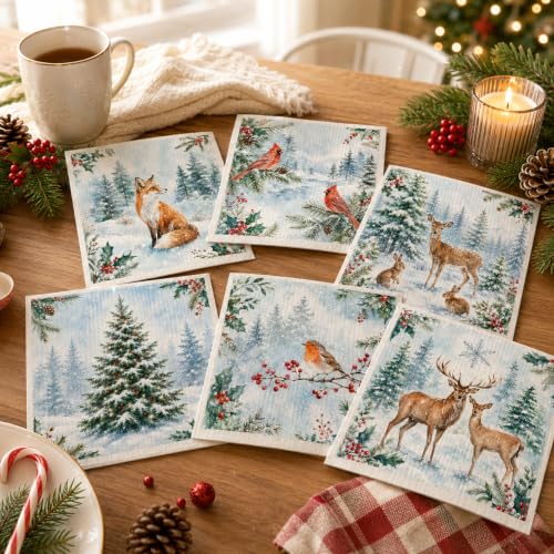 CRYSFIY 6 Pack Christmas Swedish Dishcloths B-multicolor Xmas Winter Woodland Designs, Reusable Kitchen Cloths