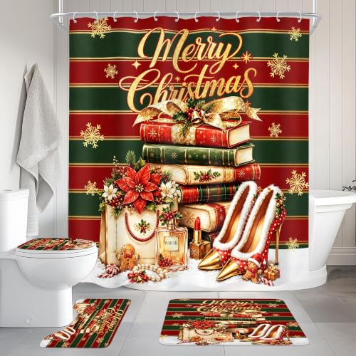 Cinbloo Christmas Bathroom Shower Curtain Set with Rugs A1-Red Green 72x72 Inches, Pack of 4