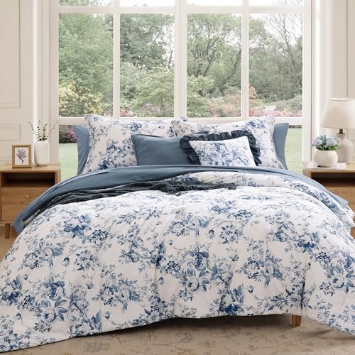 Rain Washed Oversized Queen Comforter Set 7 Pieces Blue Floral Bed in a Bag