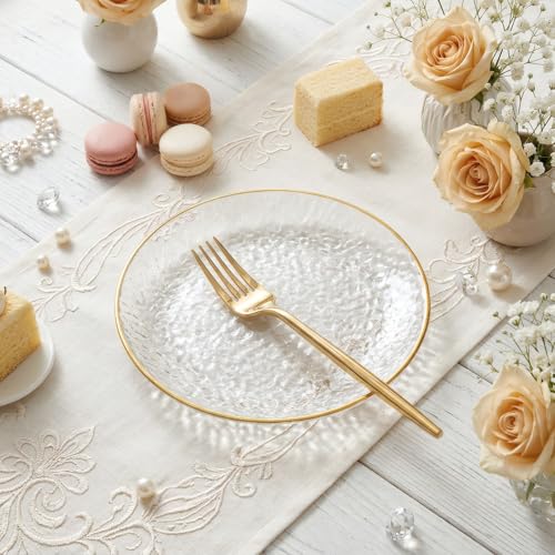 Clear Gold Plastic Dessert Plates 7" with Forks - Hammered Party Set 200 pcs