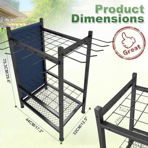 Garden Tool Organizer Rack with Hooks and Storage Bag - Metal Yard Storage for Garage, Shed, Patio