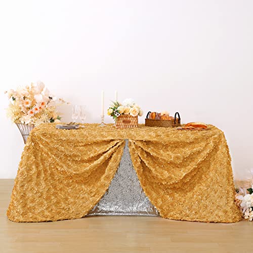 QueenDream Gold Rosette Tablecloth 132 x 90 Inch Rustic Floral Wedding Decor