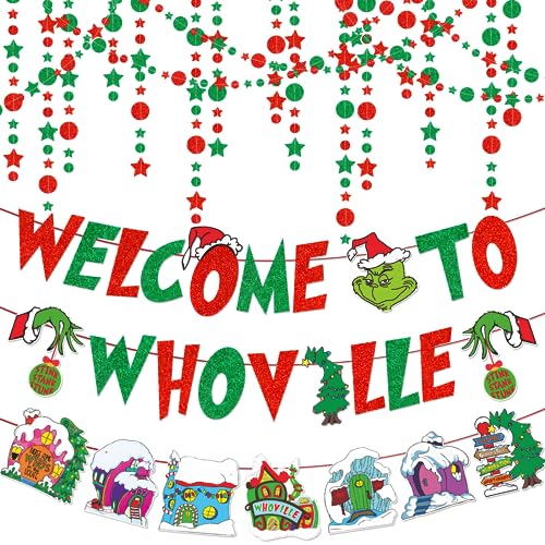 Welcome to Whoville Banner Whoville Decorations Red Green Glitter Sing Whoville Christmas Decorations Banner Christmas Decorations for Party Decorations Christmas Decor Banner for Home