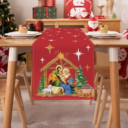 Bonhause 13x72 Inch Jesus Nativity Table Runner, Red Christmas Indoor/Outdoor Decor